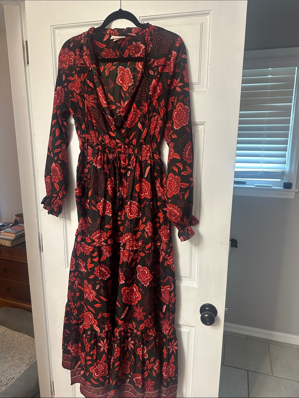 Red Floral V‑Neck Black Maxi Dress with Smocked Waist